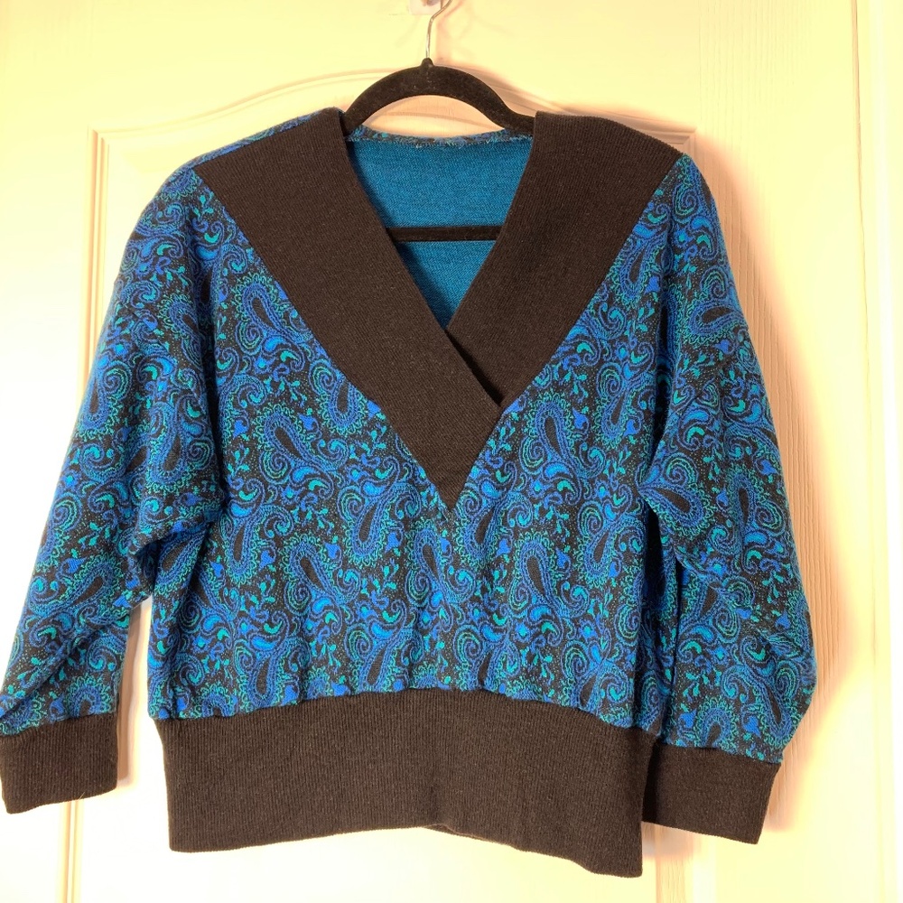 Vintage Paisley Knit Sweater Blue Green‎ Black V-Neck Women M-L Retro 90s